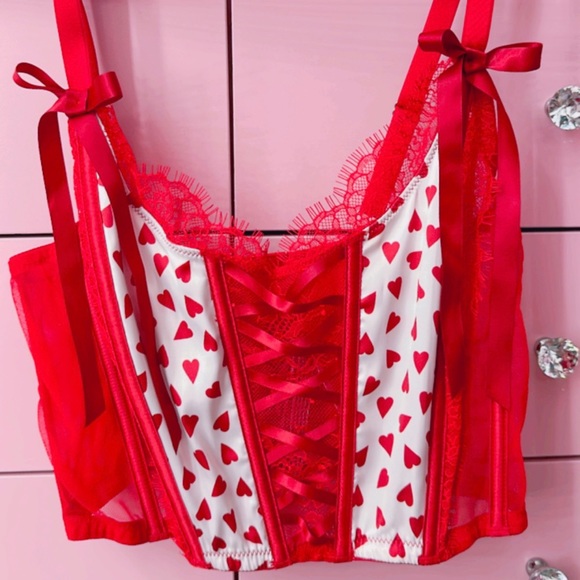 Victoria’s Secret Dream Angels Unlined Red Lace-Up Heart Print Corset Valentine - Picture 2 of 4